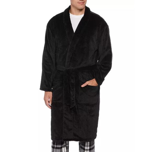 Perry Ellis Men's Herringbone Textured Fleece Robe One Size Peacoat (Blue) - Picture 1 of 4